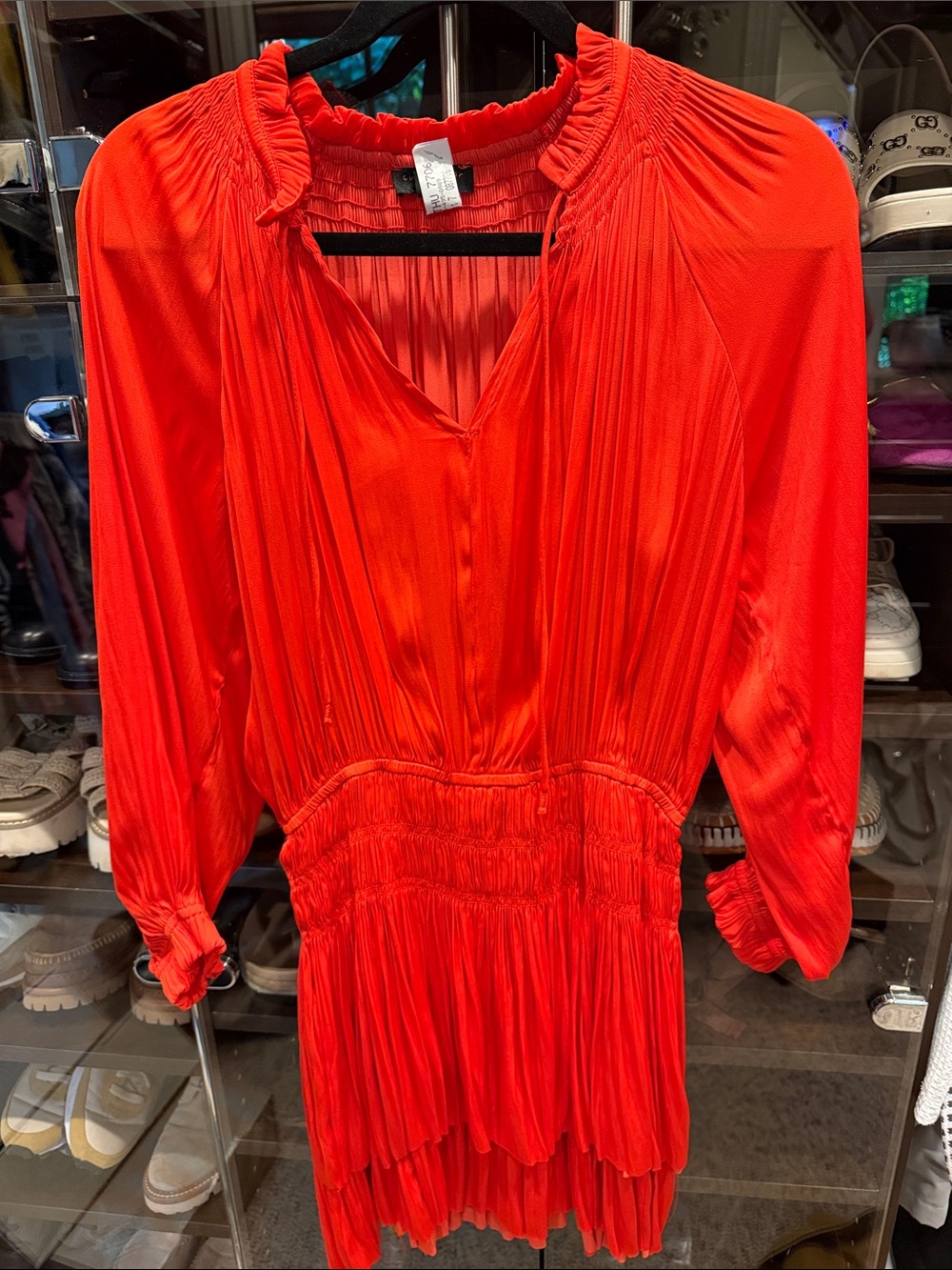 Current Air Bright Red Pleated Long-Sleeve Mini Dress